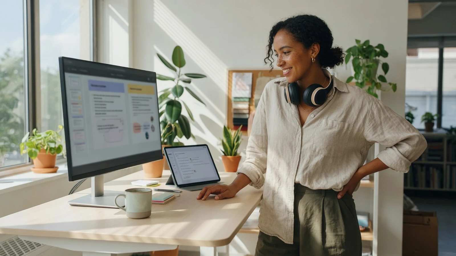Instructional designer reviewing course slides and a lesson outline at a standing desk
