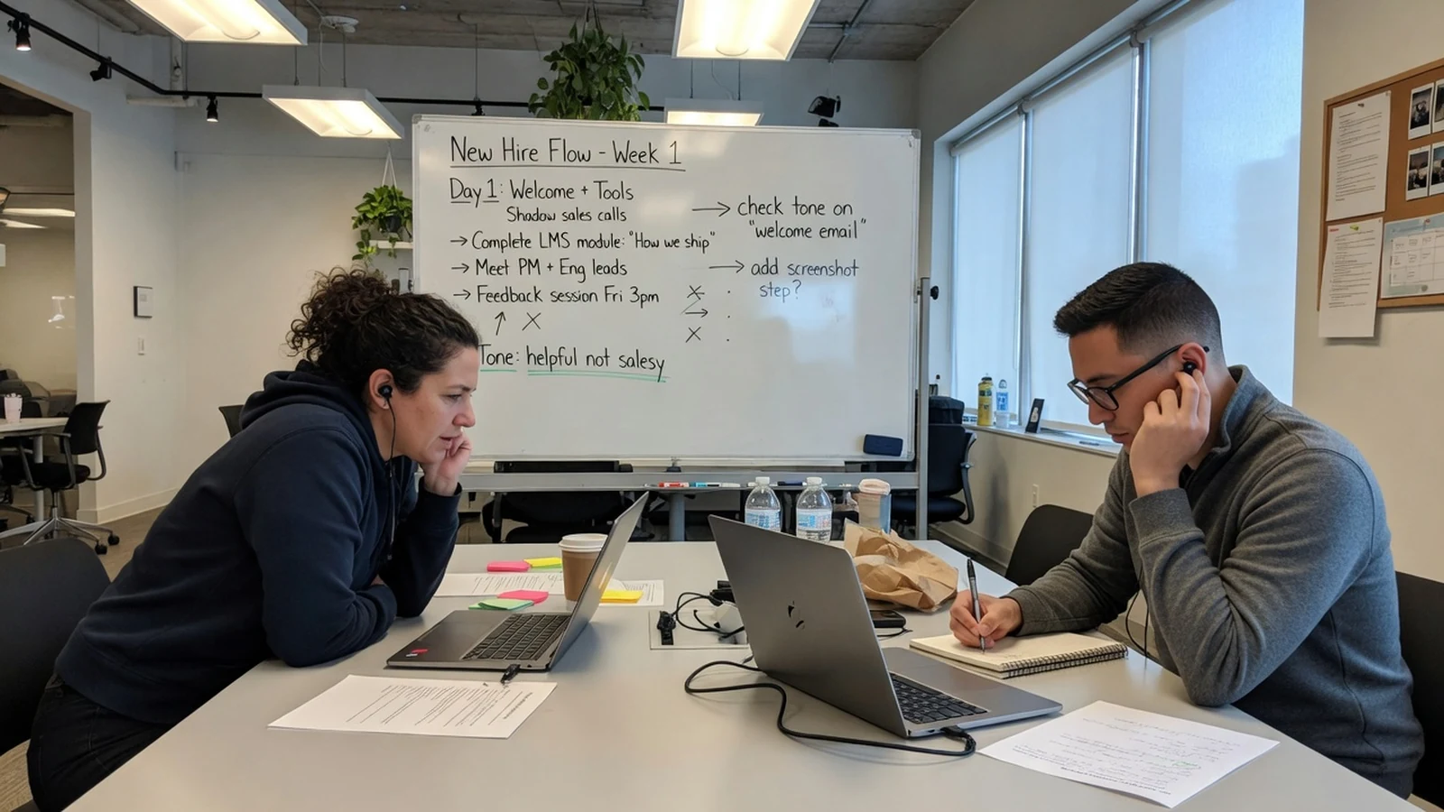 Product teammates reviewing new-hire onboarding copy and listening to prompt audio in a meeting room