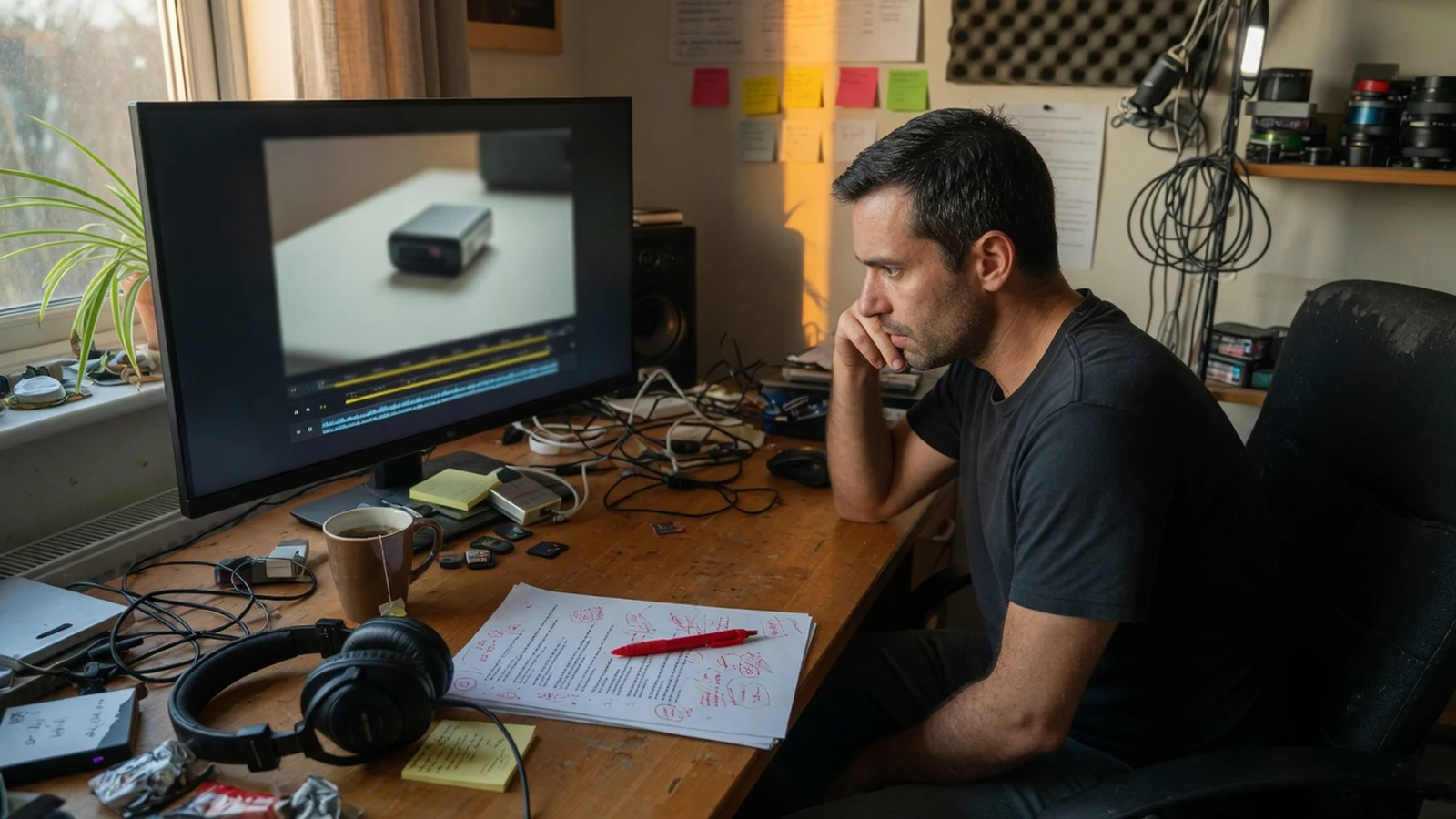 Video editor reviewing a product clip and marked-up narration script at a home studio desk